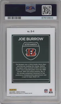 Joe Burrow from the 2023 Panini Donruss set graded by PSA and given an overall grade of 10.