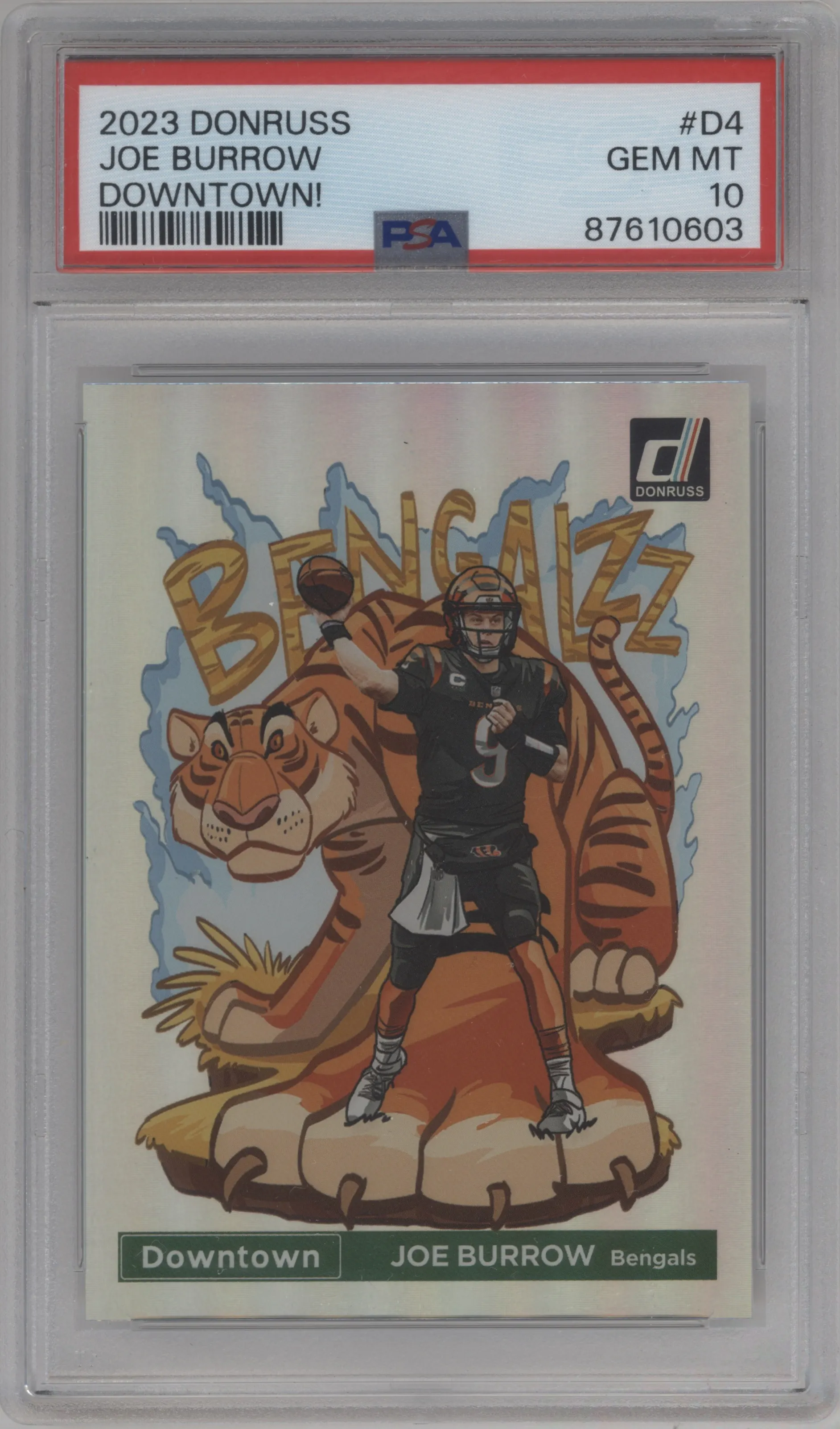 Joe Burrow from the 2023 Panini Donruss set graded by PSA and given an overall grade of 10.