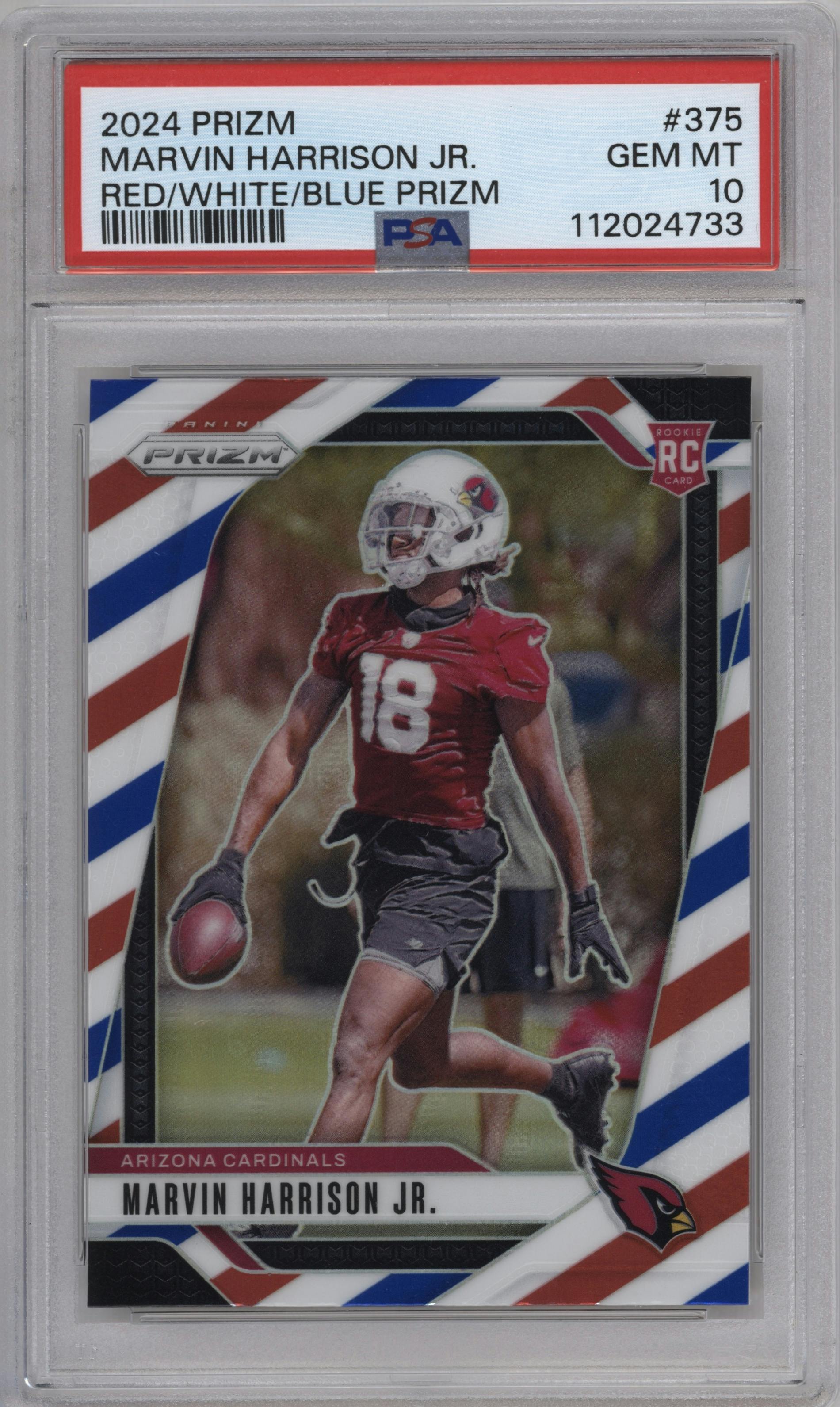 Marvin Harrison Jr. from the 2024 Panini Prizm set featuring a Red White Blue Prizm parallel graded by PSA and given an overall grade of 10.