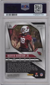 Marvin Harrison Jr. from the 2024 Panini Prizm set featuring a Red White Blue Prizm parallel graded by PSA and given an overall grade of 10.