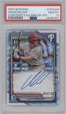 Aidan Miller from the 2024 Bowman set featuring a Mini-Diamond Refractor parallel graded by PSA and given an overall grade of 10.