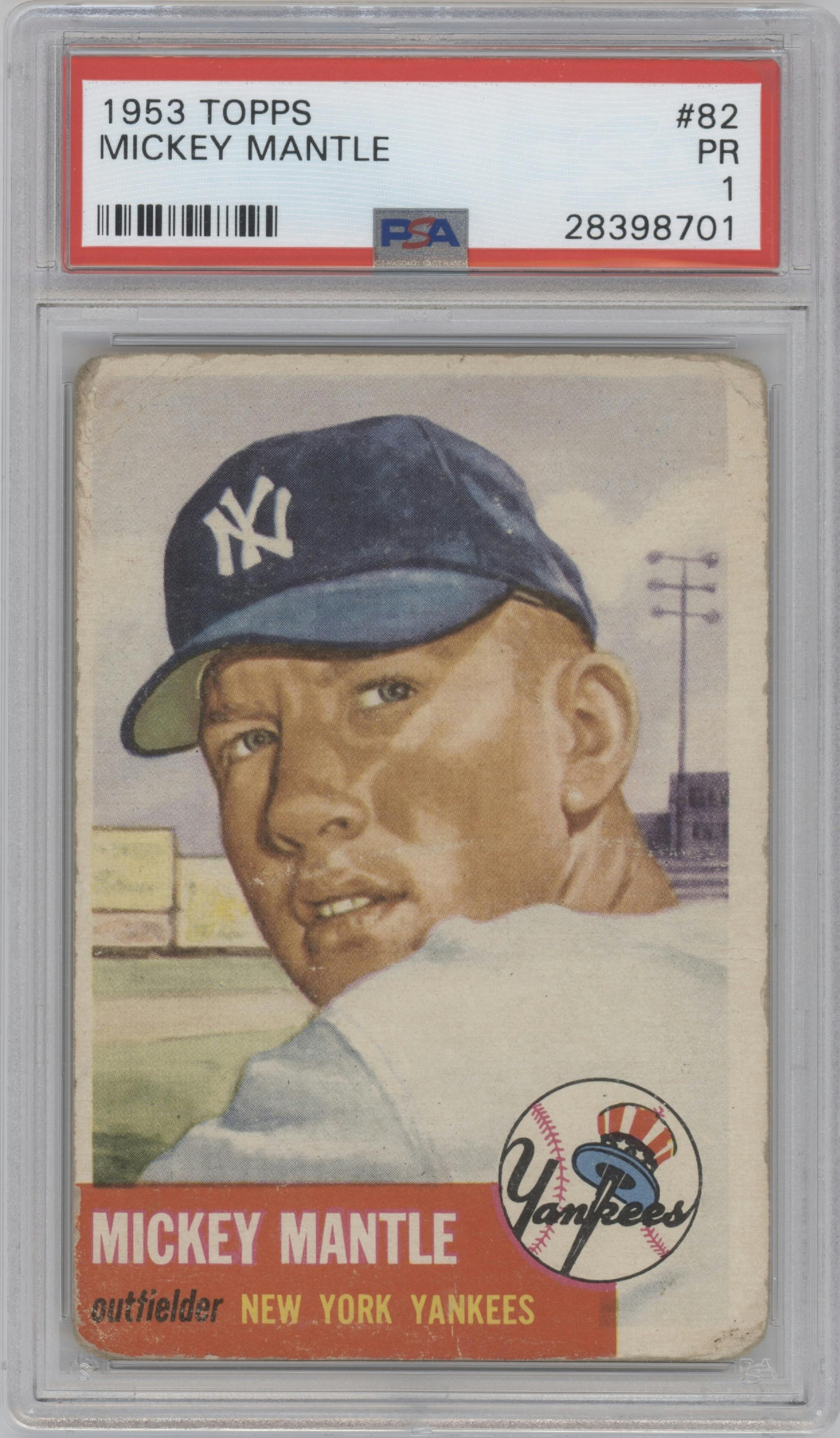 Mickey Mantle from the 1953 Topps set graded by PSA and given an overall grade of 1.