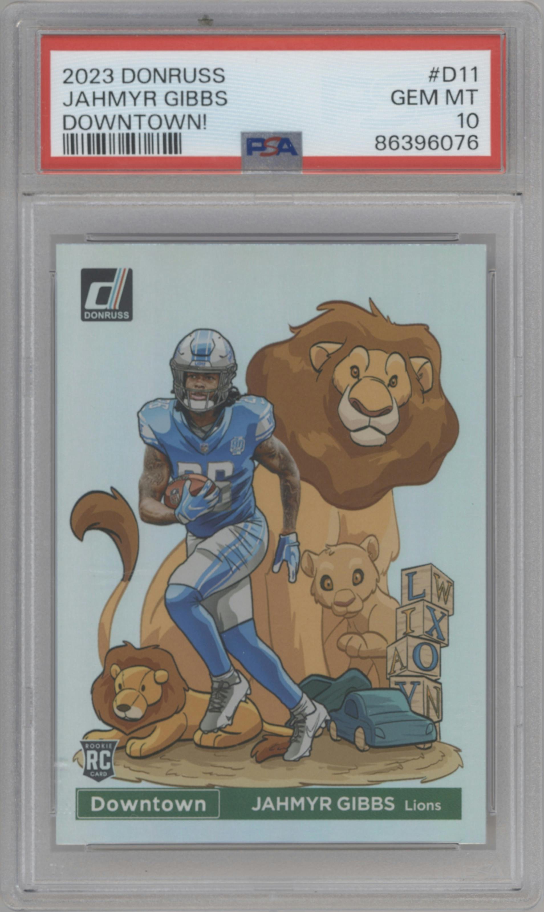 Jahmyr Gibbs from the 2023 Panini Donruss set graded by PSA and given an overall grade of 10.