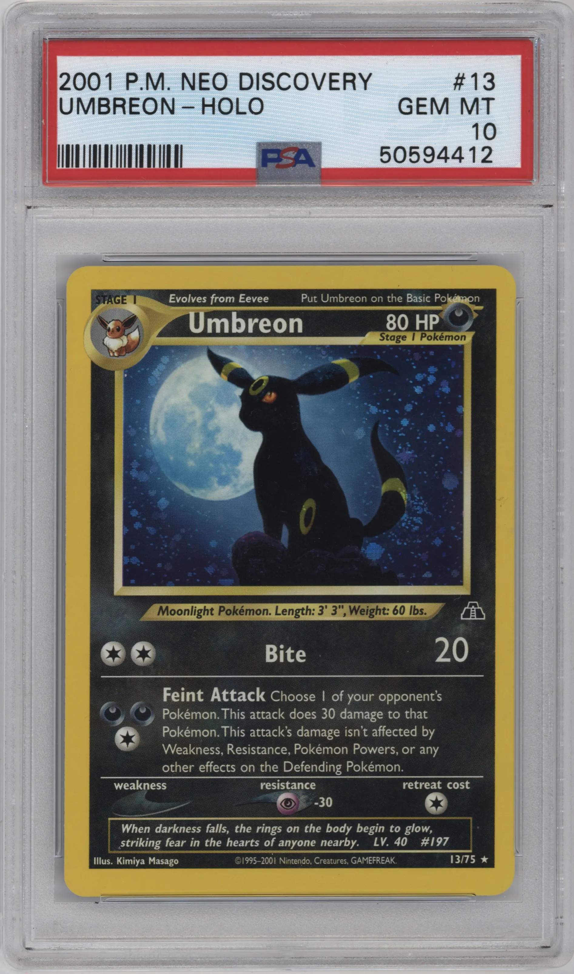 Umbreon from the 2001 Pokemon Neo Genesis set graded by PSA and given an overall grade of 10.