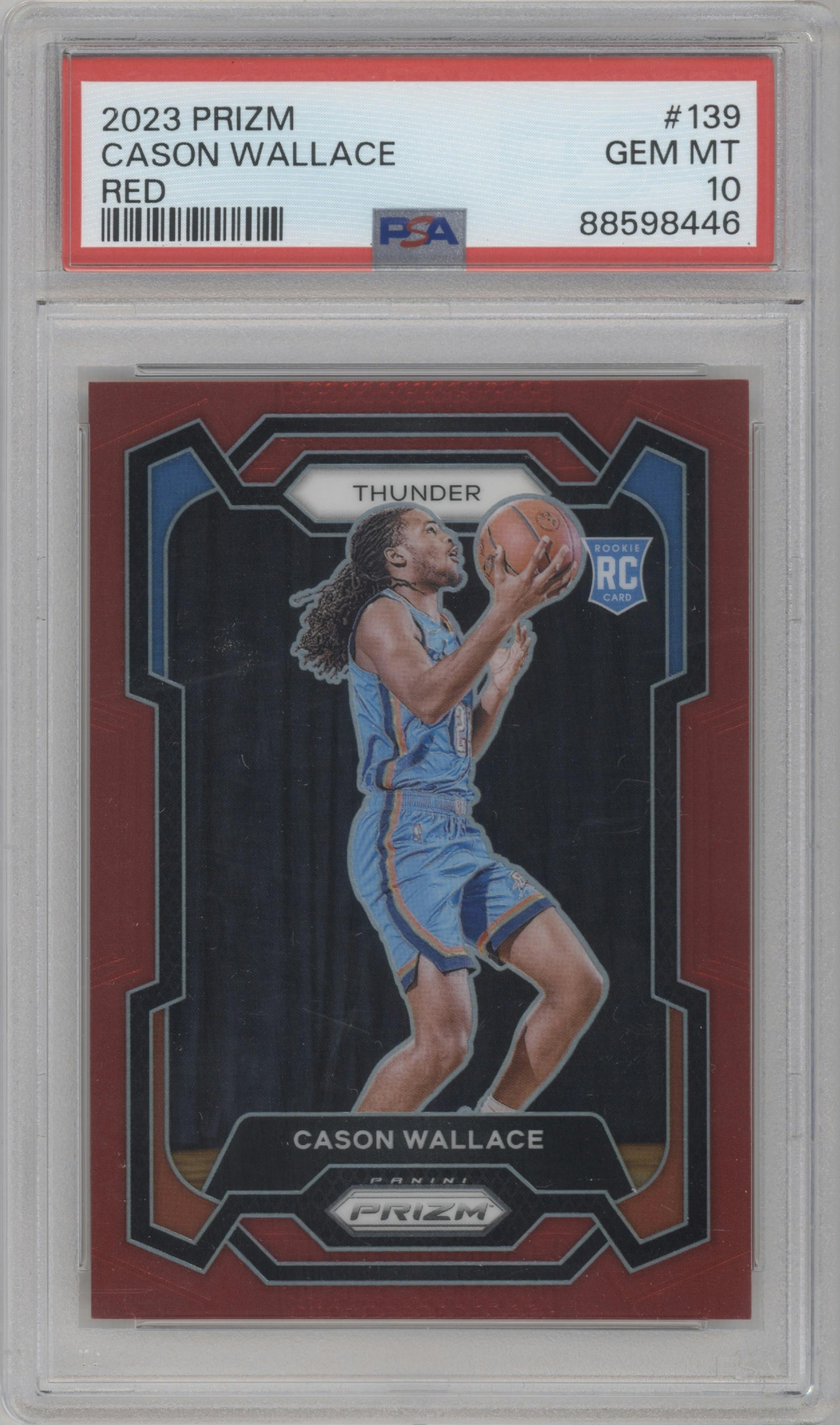 Cason Wallace from the 2023-24 Panini Prizm set featuring a Red Prizm parallel graded by PSA and given an overall grade of 10.