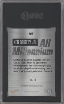 Ken Griffey Jr. from the 2023 Skybox Metal Universe Champions set featuring a Green Precious Metal Gems parallel graded by SGC and given an overall grade of 9.