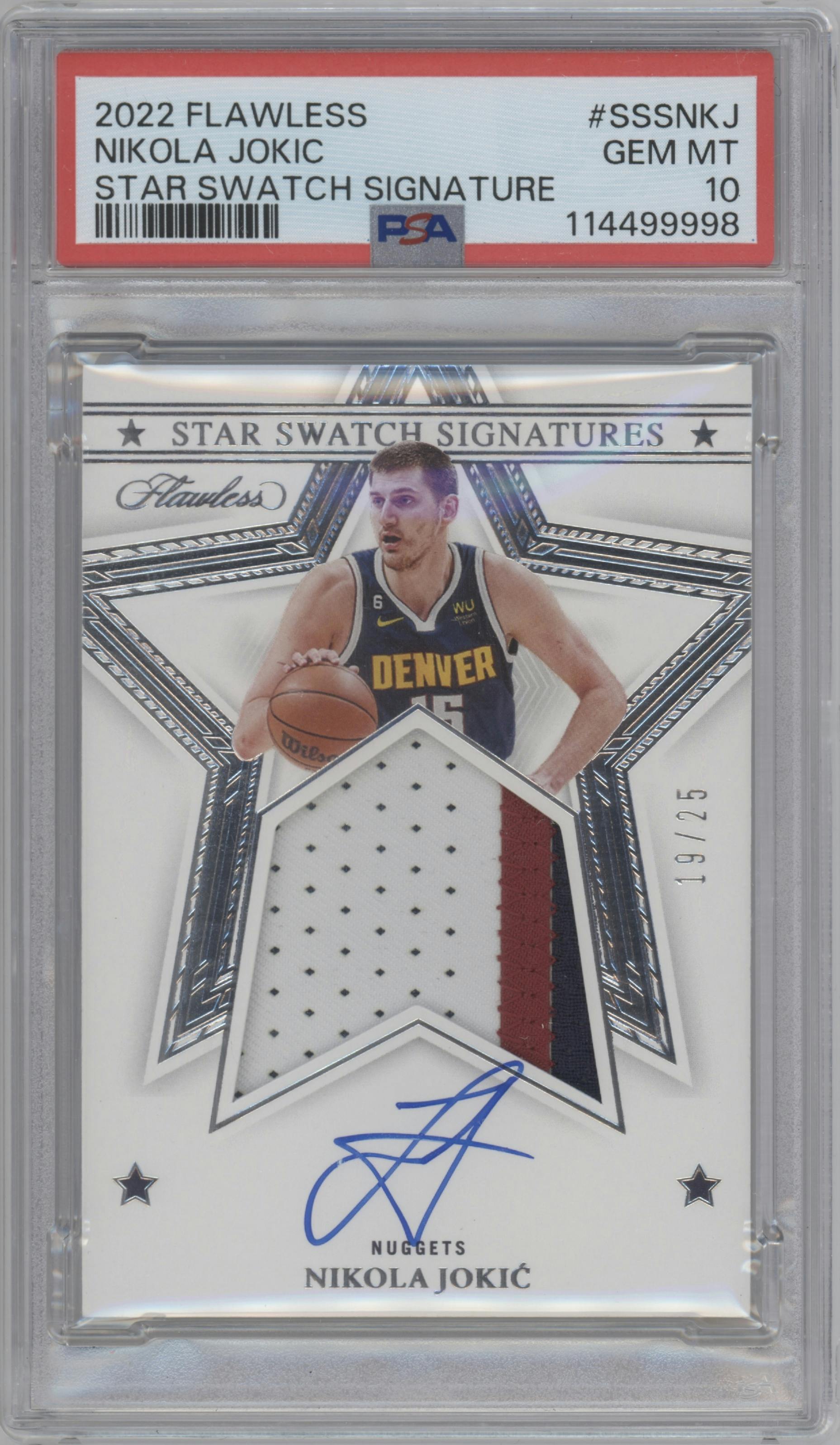 Nikola Jokic from the 2022-23 Panini Flawless set graded by PSA and given an overall grade of 10.