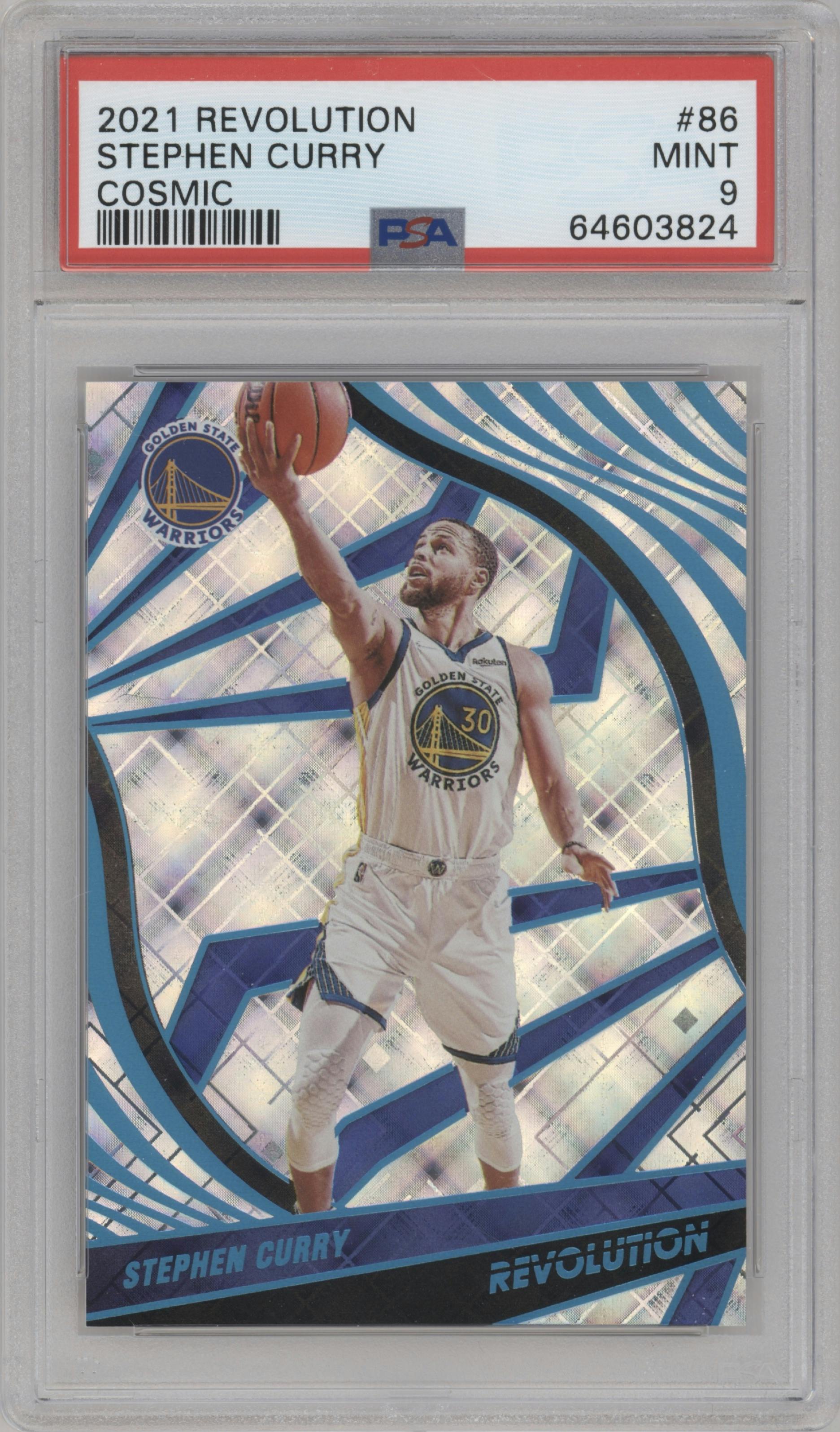 Stephen Curry from the 2021-22 Panini Revolution  set featuring a Cosmic parallel graded by PSA and given an overall grade of 9.