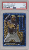Jackson Chourio from the 2024 Topps Update set featuring a Blue parallel graded by PSA and given an overall grade of 9.