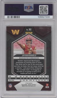 Jayden Daniels from the 2024 Panini Mosaic set featuring a Green Mosaic parallel graded by PSA and given an overall grade of 10.