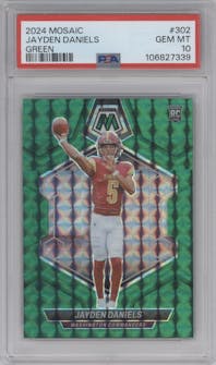 Jayden Daniels from the 2024 Panini Mosaic set featuring a Green Mosaic parallel graded by PSA and given an overall grade of 10.