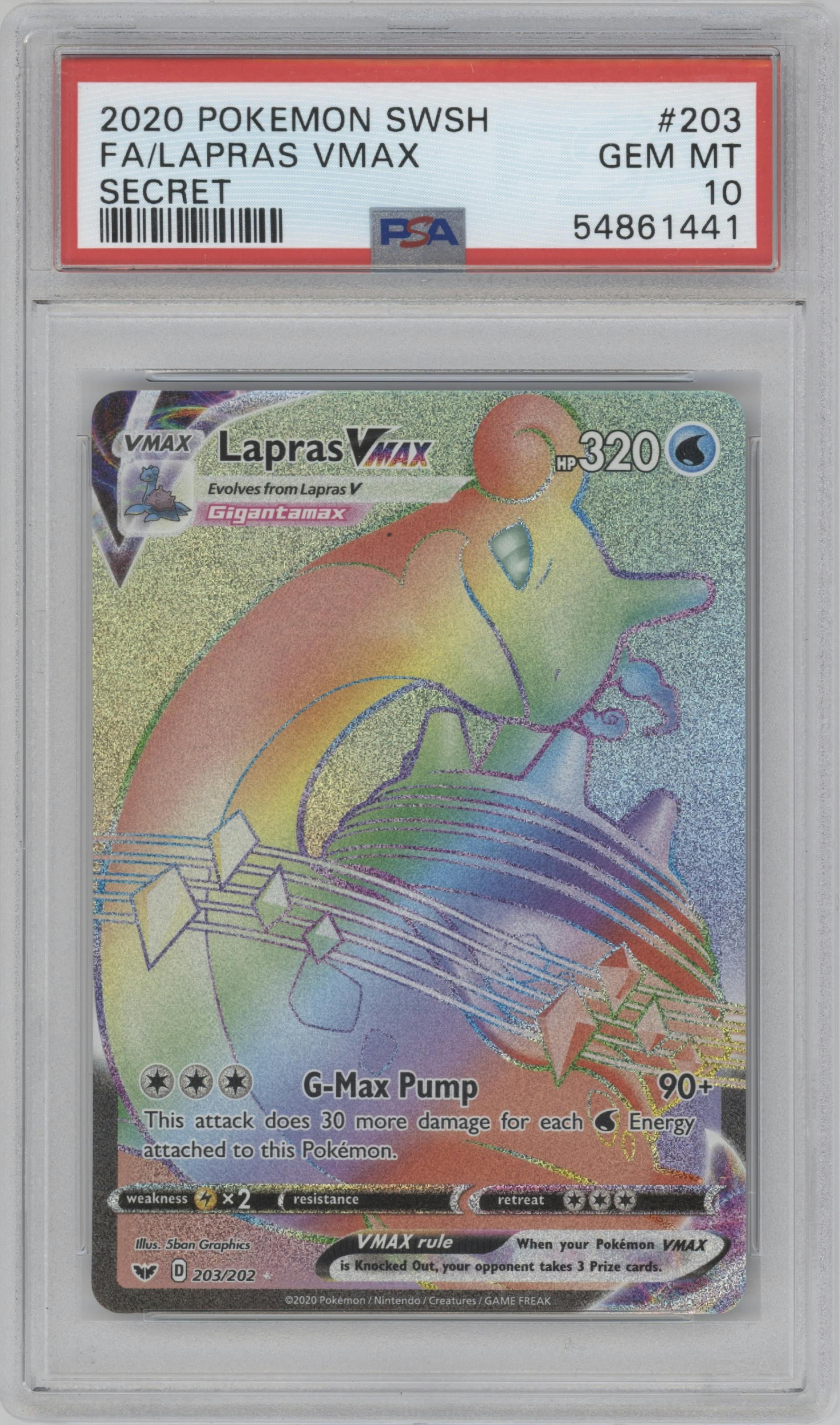 Lapras VMAX from the 2020 Pokemon SWSH set graded by PSA and given an overall grade of 10.