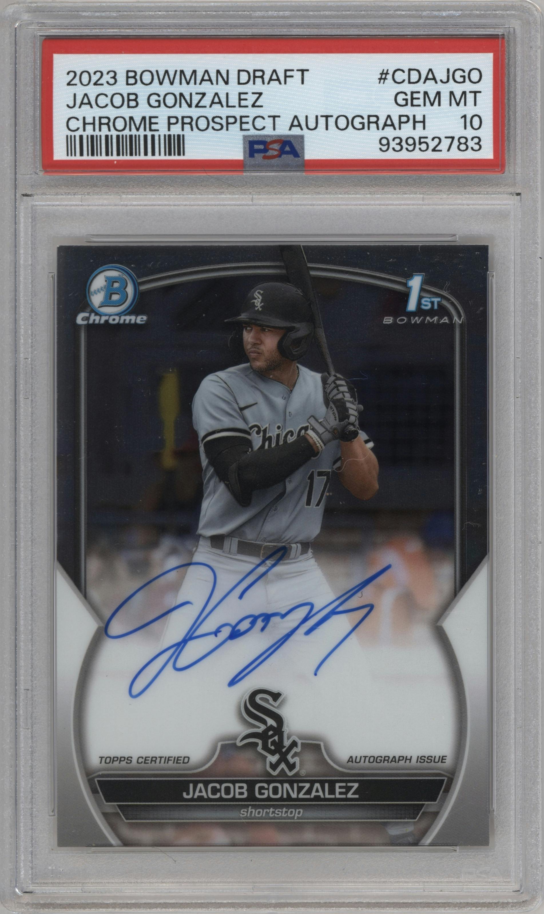 Jacob Gonzalez from the 2023 Bowman Draft set graded by PSA and given an overall grade of 10.