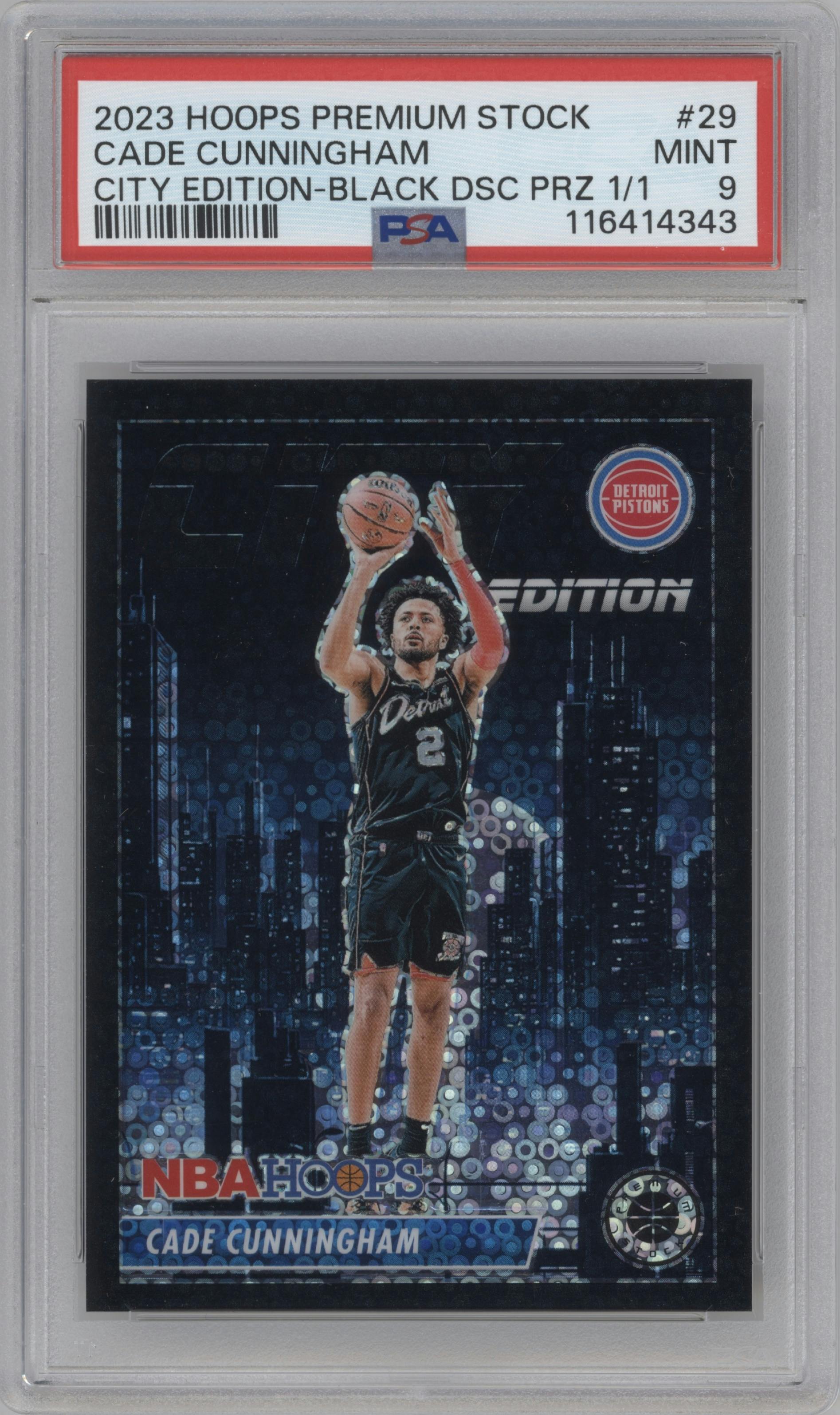 Cade Cunningham from the 2023-24 Panini Hoops Premium Stock set featuring a Black Disco parallel graded by PSA and given an overall grade of 9.