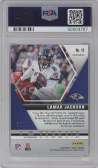 Lamar Jackson from the 2020 Panini Mosaic set featuring a Purple Mosaic parallel graded by PSA and given an overall grade of 10.