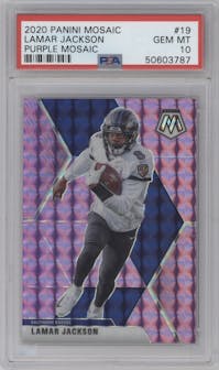 Lamar Jackson from the 2020 Panini Mosaic set featuring a Purple Mosaic parallel graded by PSA and given an overall grade of 10.