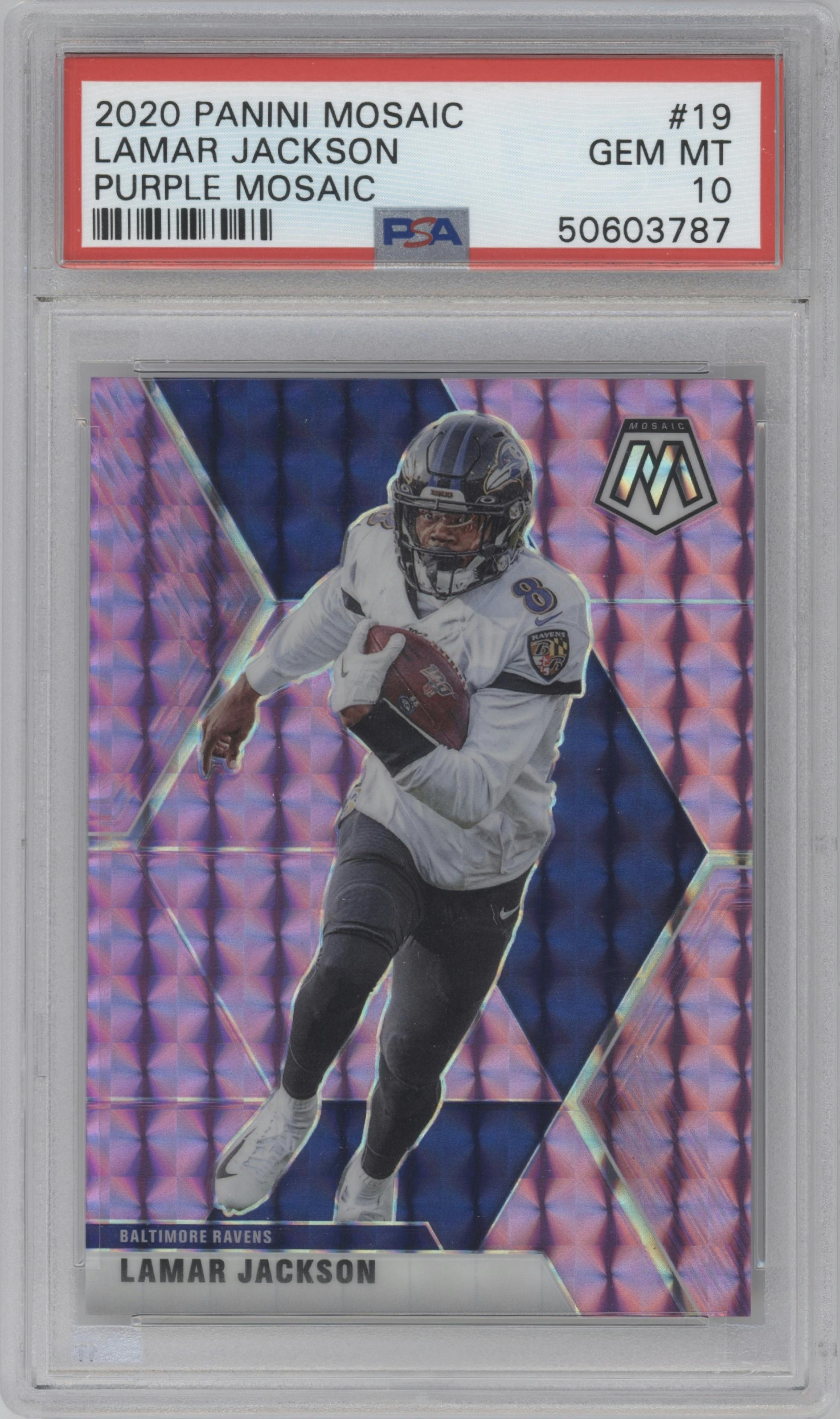 Lamar Jackson from the 2020 Panini Mosaic set featuring a Purple Mosaic parallel graded by PSA and given an overall grade of 10.