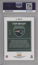 Tom Brady from the 2022 Panini Donruss Optic set featuring a Black Pandora parallel graded by PSA and given an overall grade of 10.