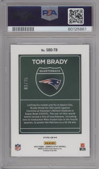 Tom Brady from the 2022 Panini Donruss Optic set featuring a Black Pandora parallel graded by PSA and given an overall grade of 10.