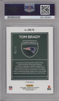 Tom Brady from the 2022 Panini Donruss Optic set featuring a Black Pandora parallel graded by PSA and given an overall grade of 10.