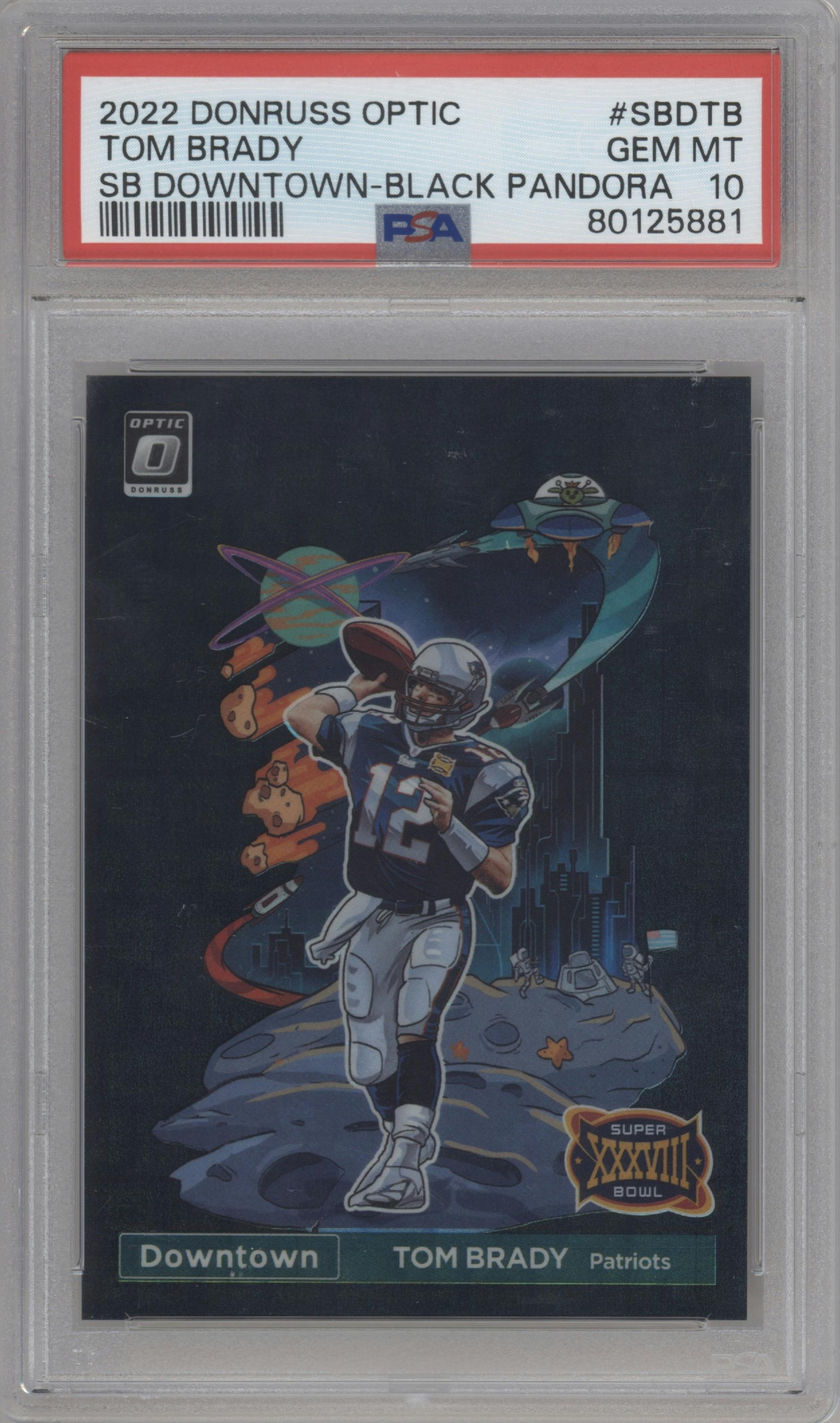 Tom Brady from the 2022 Panini Donruss Optic set featuring a Black Pandora parallel graded by PSA and given an overall grade of 10.