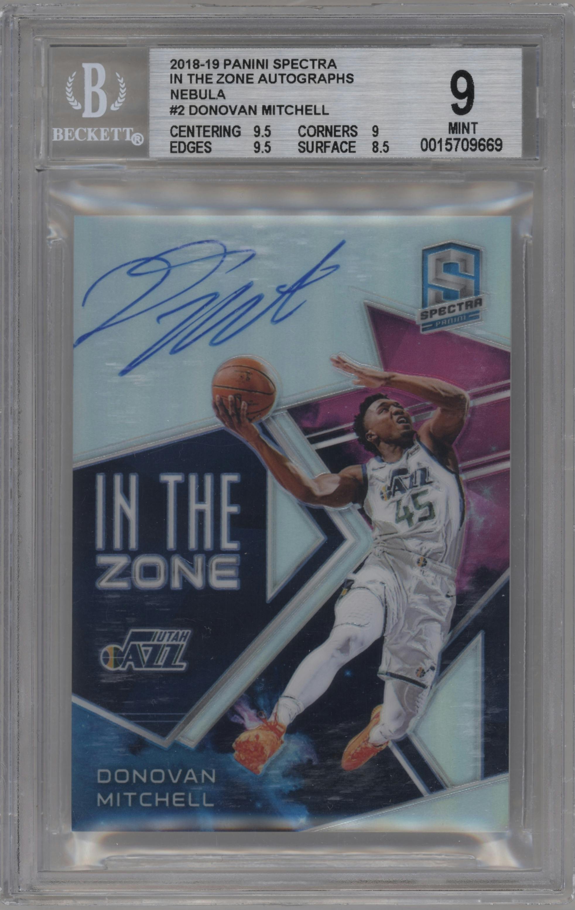 Donovan Mitchell from the 2018-19 Panini Spectra set featuring a Nebula parallel graded by Beckett and given an overall grade of 9.