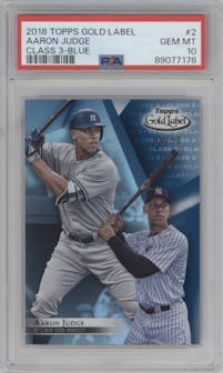 Aaron Judge from the 2018 Topps Gold Label set featuring a Blue parallel graded by PSA and given an overall grade of 10.