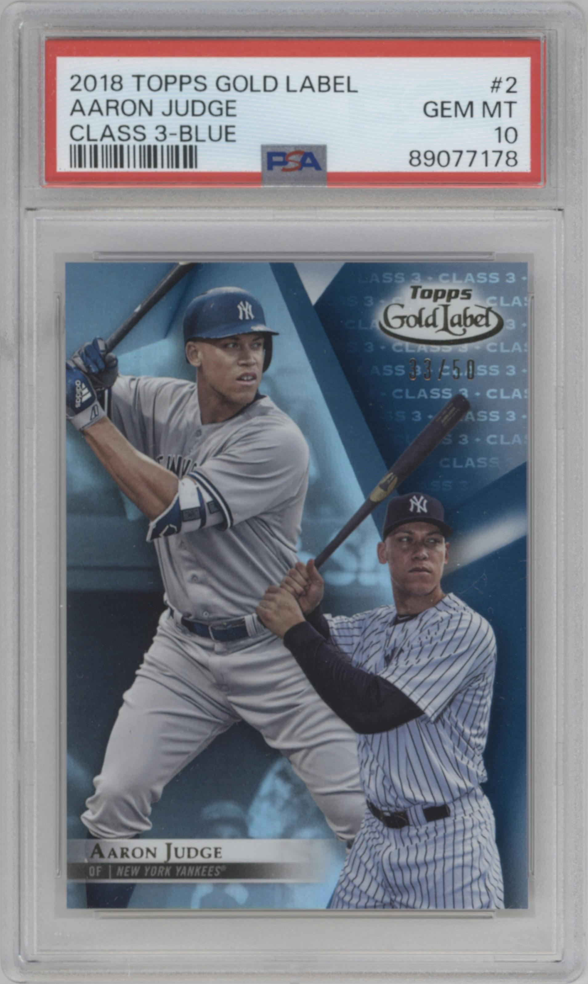 Aaron Judge from the 2018 Topps Gold Label set featuring a Blue parallel graded by PSA and given an overall grade of 10.