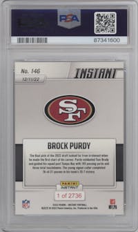 Brock Purdy from the 2022 Panini Instant NFL set graded by PSA and given an overall grade of 10.