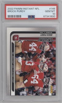 Brock Purdy from the 2022 Panini Instant NFL set graded by PSA and given an overall grade of 10.