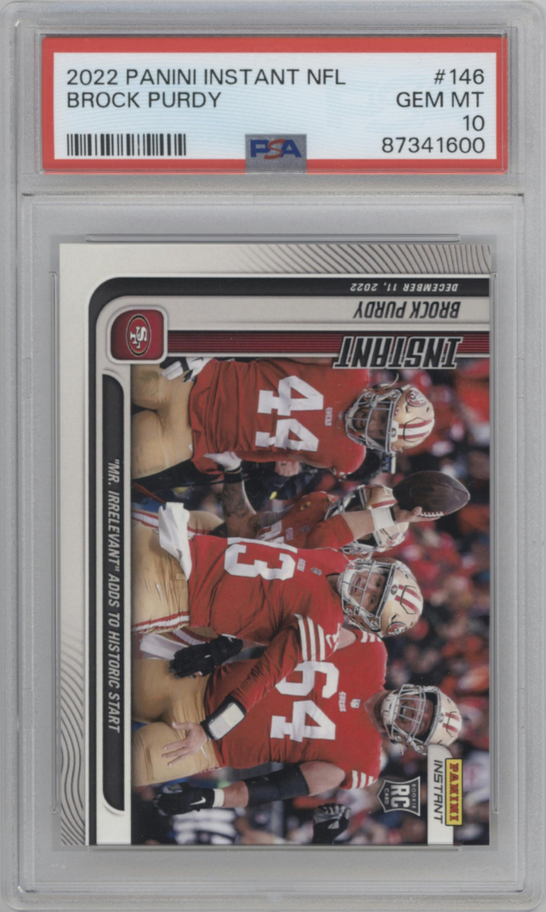Brock Purdy from the 2022 Panini Instant NFL set graded by PSA and given an overall grade of 10.