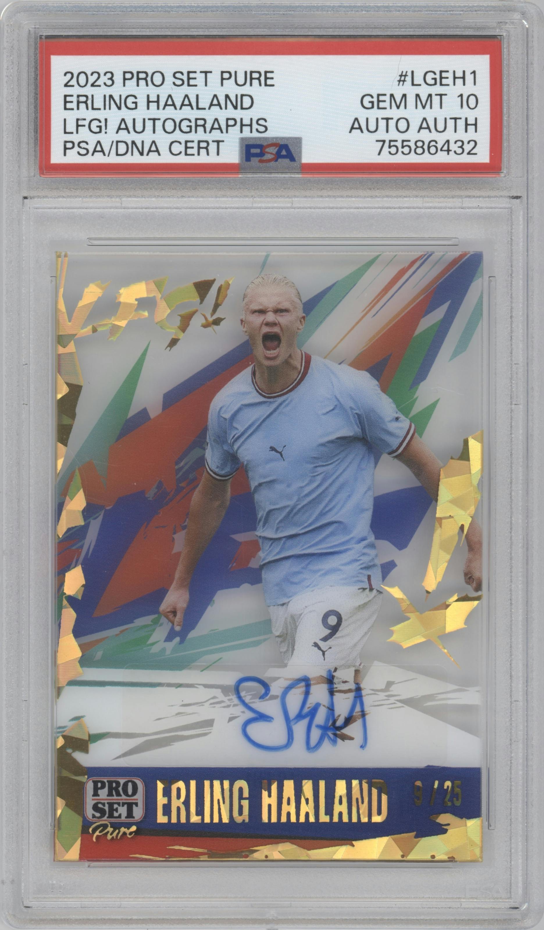 Erling Haaland from the 2023 Pro Set Pure Multi-Sport set featuring a Gold Pattern Spectrum parallel graded by PSA and given an overall grade of 10.