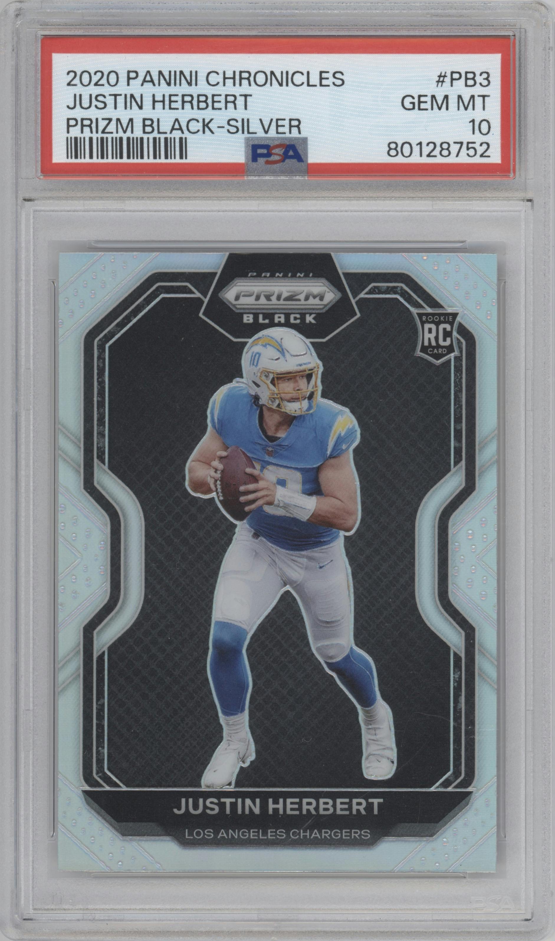 Justin Herbert from the 2020 Panini Chronicles set featuring a Silver parallel graded by PSA and given an overall grade of 10.