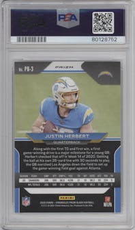 Justin Herbert from the 2020 Panini Chronicles set featuring a Silver parallel graded by PSA and given an overall grade of 10.
