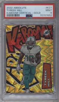 Tyreek Hill from the 2022 Panini Absolute set featuring a Gold parallel graded by PSA and given an overall grade of 9.