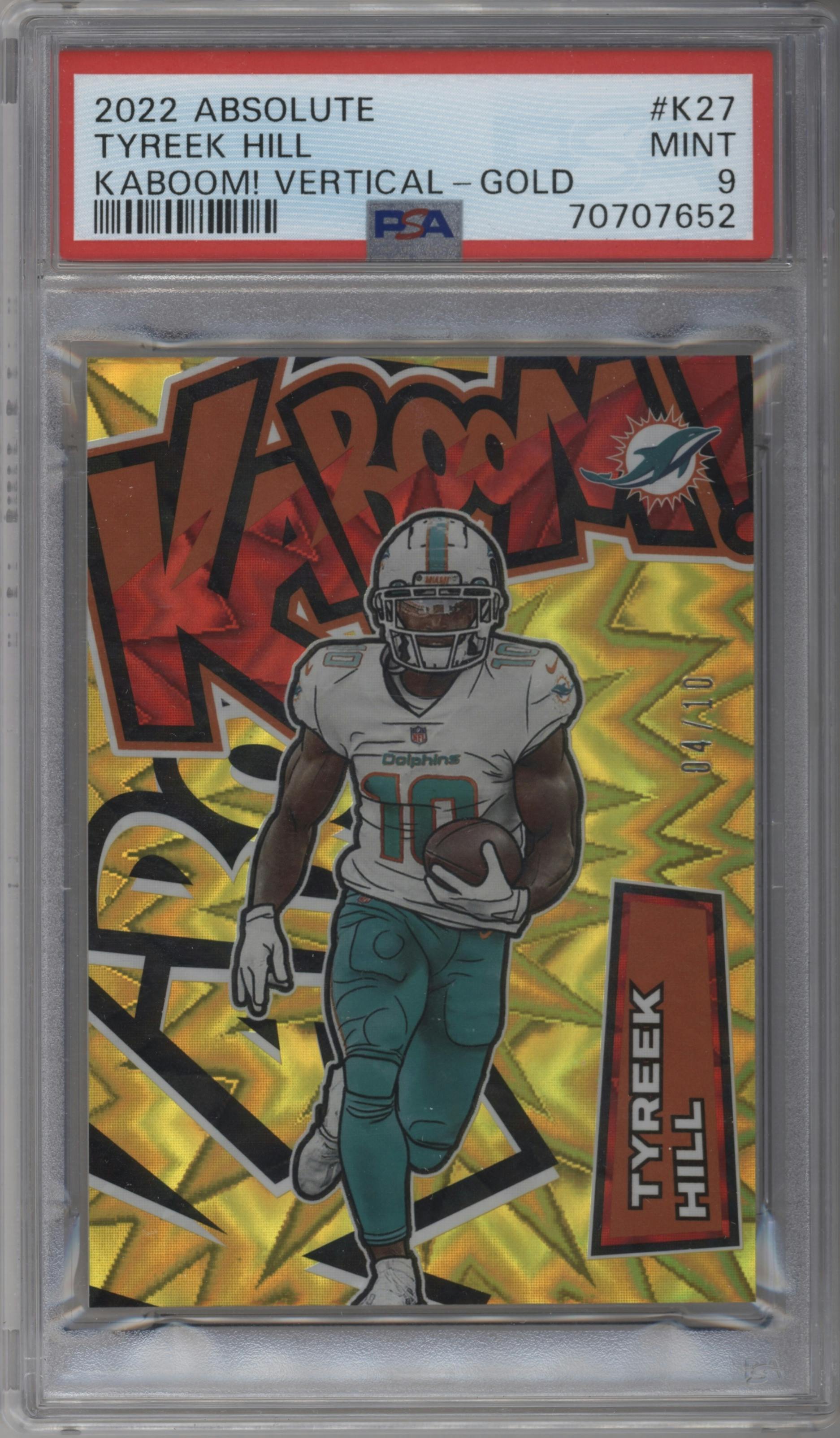 Tyreek Hill from the 2022 Panini Absolute set featuring a Gold parallel graded by PSA and given an overall grade of 9.