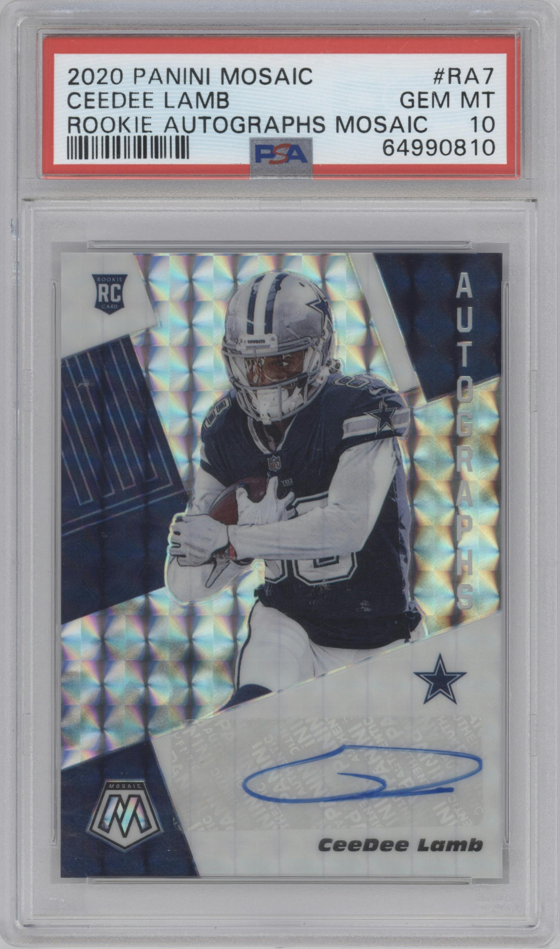 CeeDee Lamb from the 2020 Panini Mosaic set graded by PSA and given an overall grade of 10.