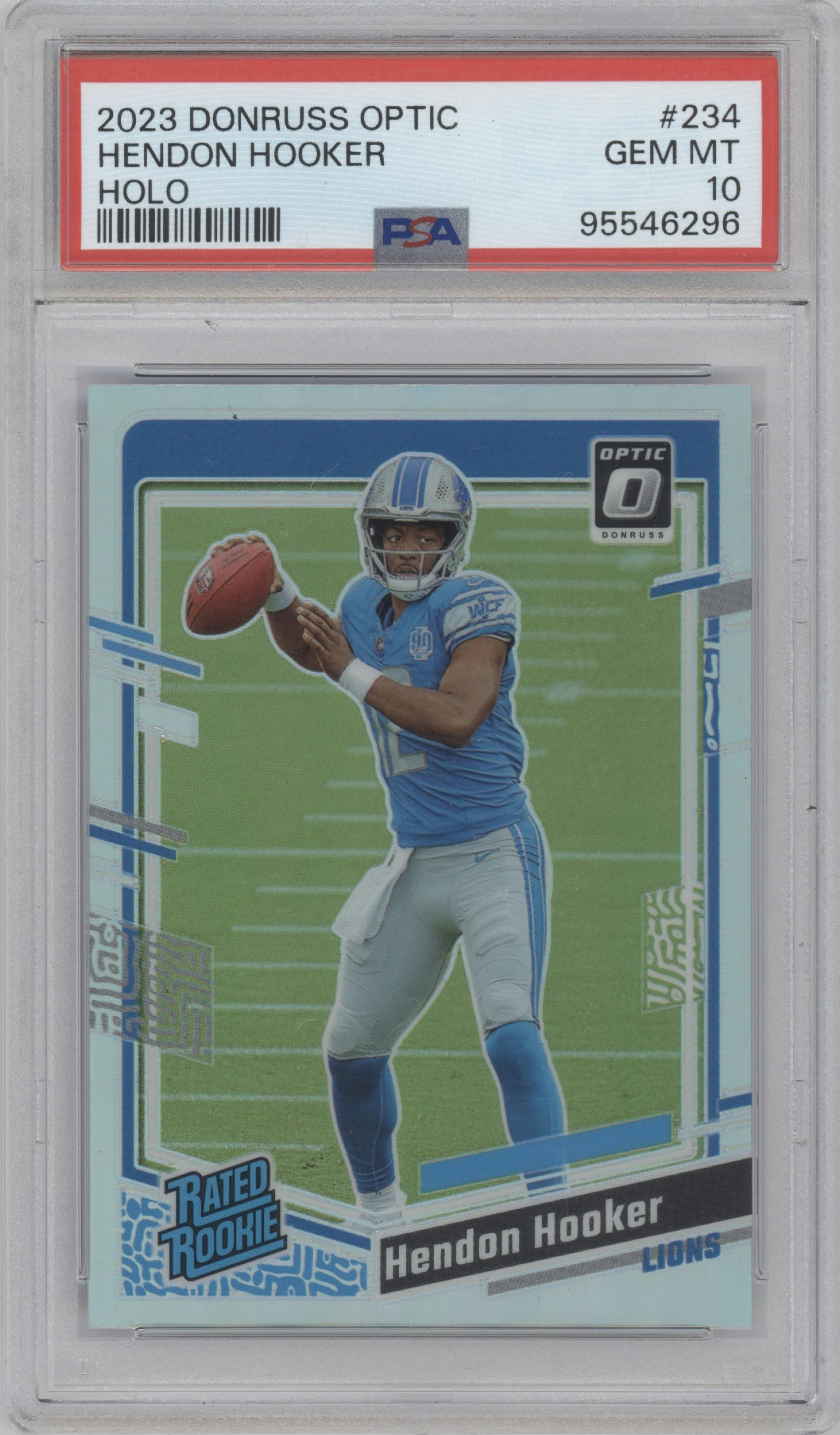 Hendon Hooker from the 2023 Donruss Optic set featuring a Holo parallel graded by PSA and given an overall grade of 10.
