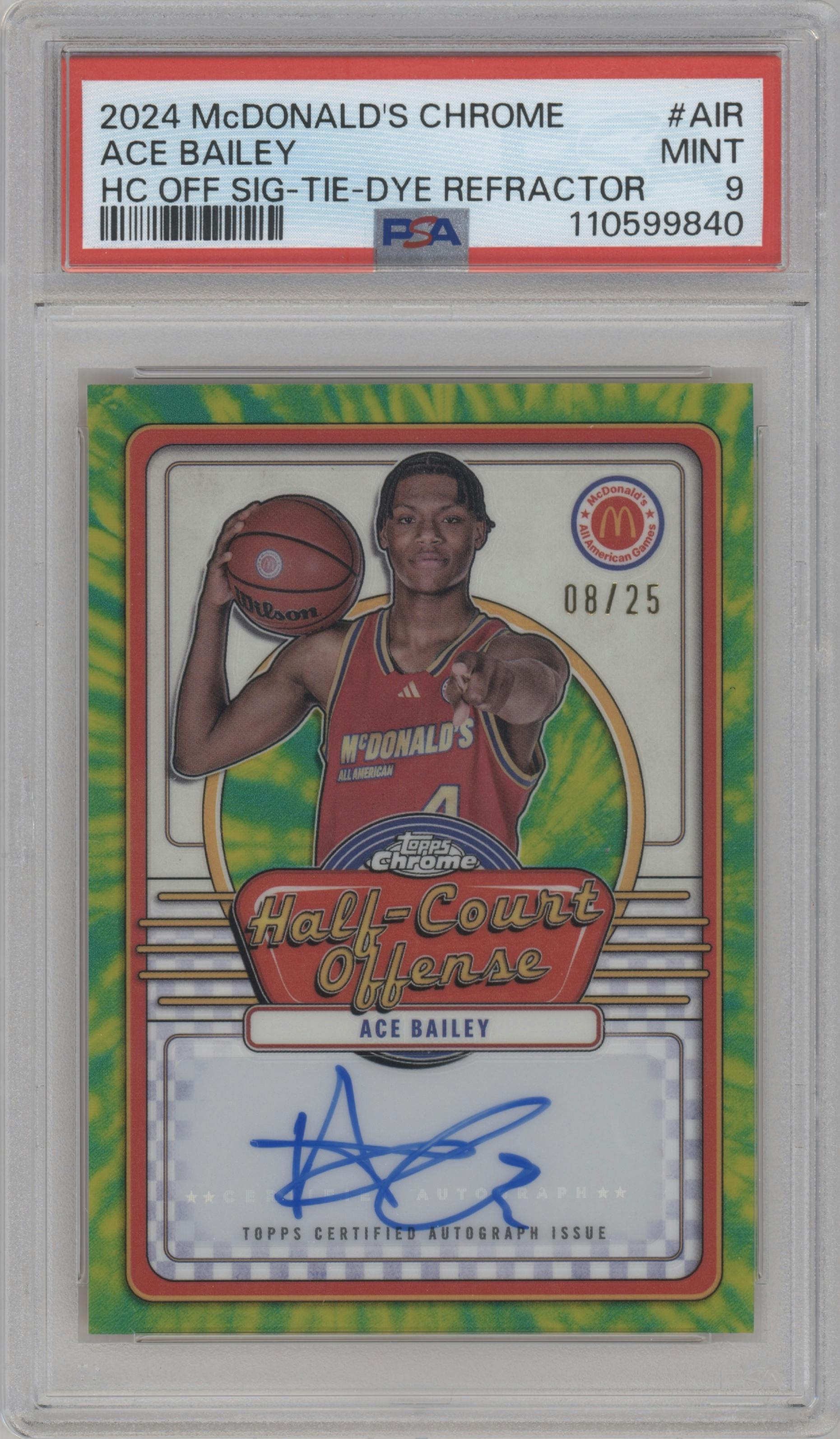 Ace Bailey  from the 2024 Topps Chrome McDonald's All-American set featuring a Tie-Dye RayWave parallel graded by PSA and given an overall grade of 9.