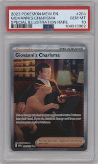 Giovanni's Charisma from the 2023 Pokemon SV set graded by PSA and given an overall grade of 10.
