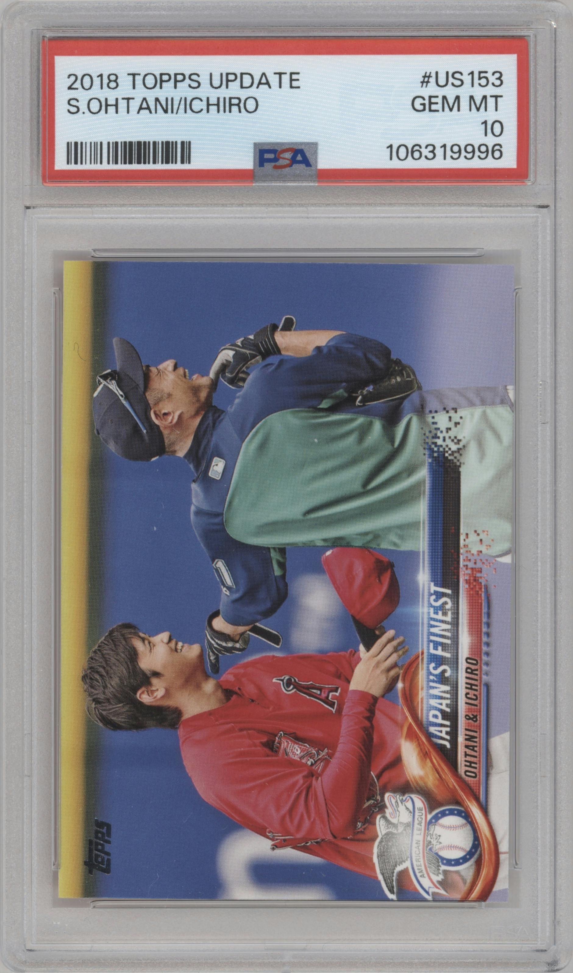Shohei Ohtani/Ichiro Suzuki from the 2018 Topps Update set graded by PSA and given an overall grade of 10.