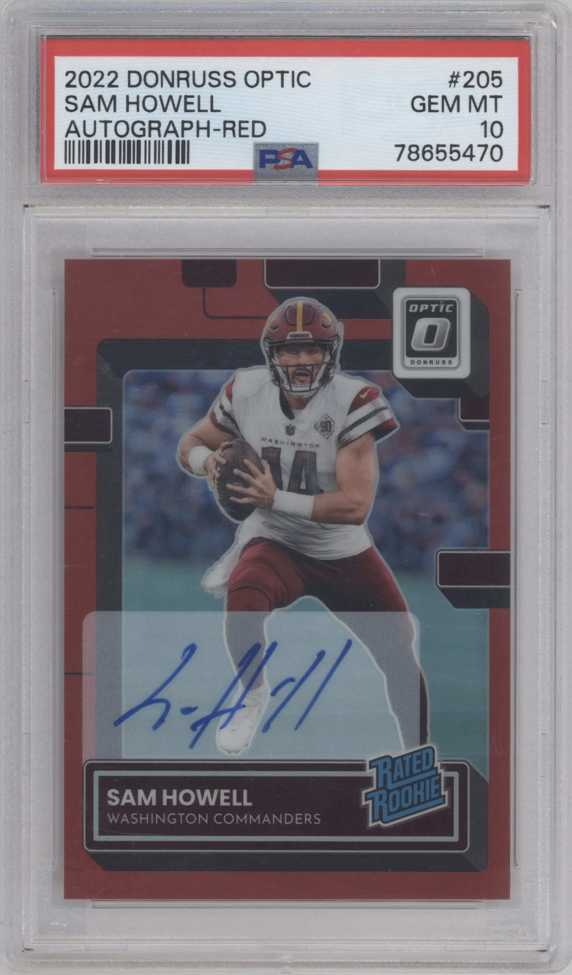 2022 Panini Donruss Optic Rtd.Rke.Auto Sam Howell Red #205 PSA 10