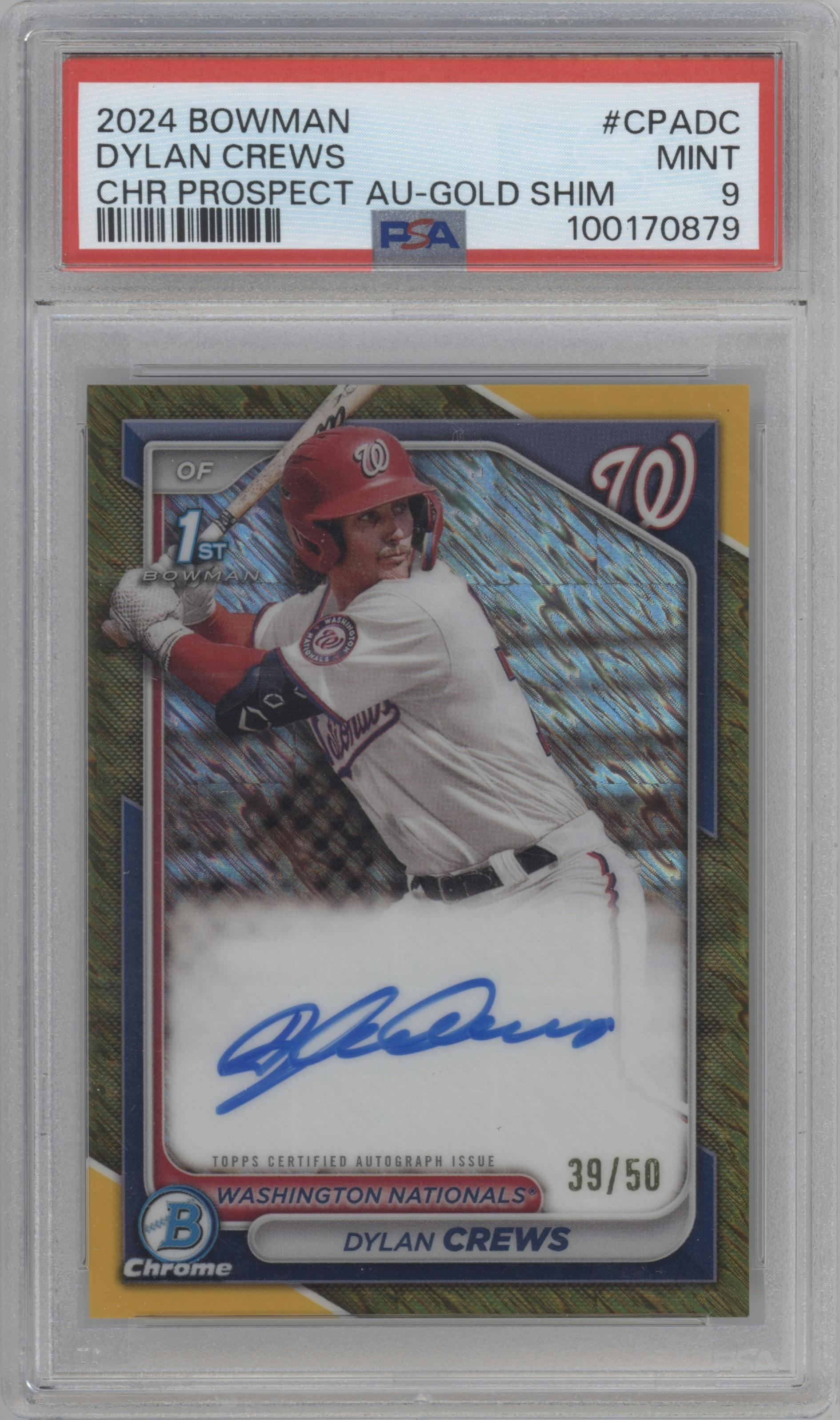 Dylan Crews from the 2024 Bowman set featuring a Gold Shimmer Refractor parallel graded by PSA and given an overall grade of 9.