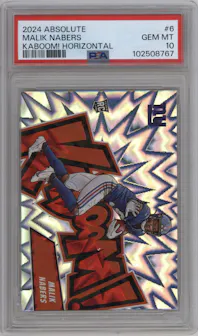 Malik Nabers from the 2024 Panini Absolute set graded by PSA and given an overall grade of 10.