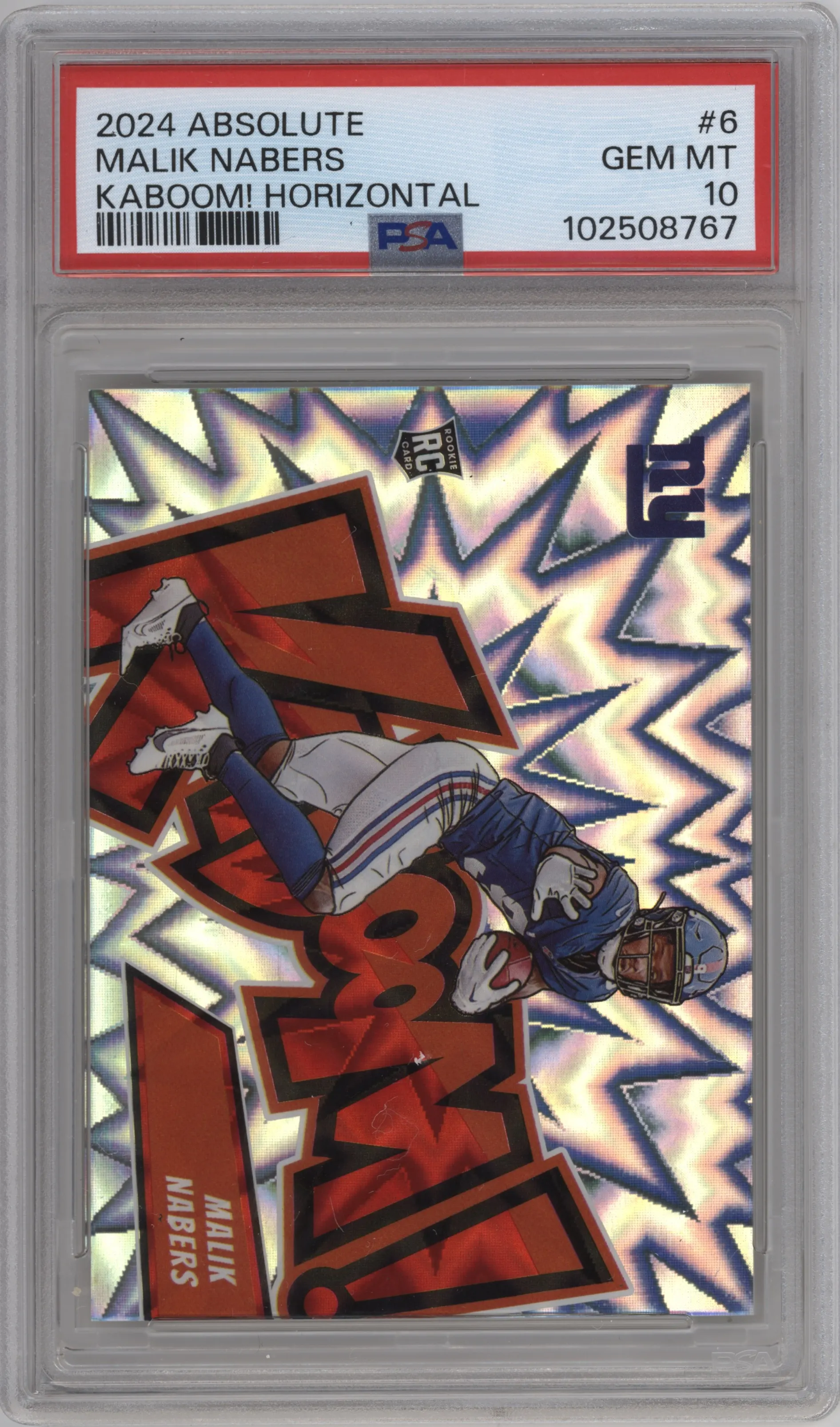 Malik Nabers from the 2024 Panini Absolute set graded by PSA and given an overall grade of 10.