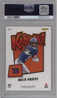 Malik Nabers from the 2024 Panini Absolute set graded by PSA and given an overall grade of 10.