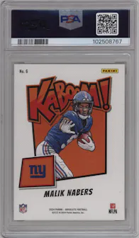 Malik Nabers from the 2024 Panini Absolute set graded by PSA and given an overall grade of 10.