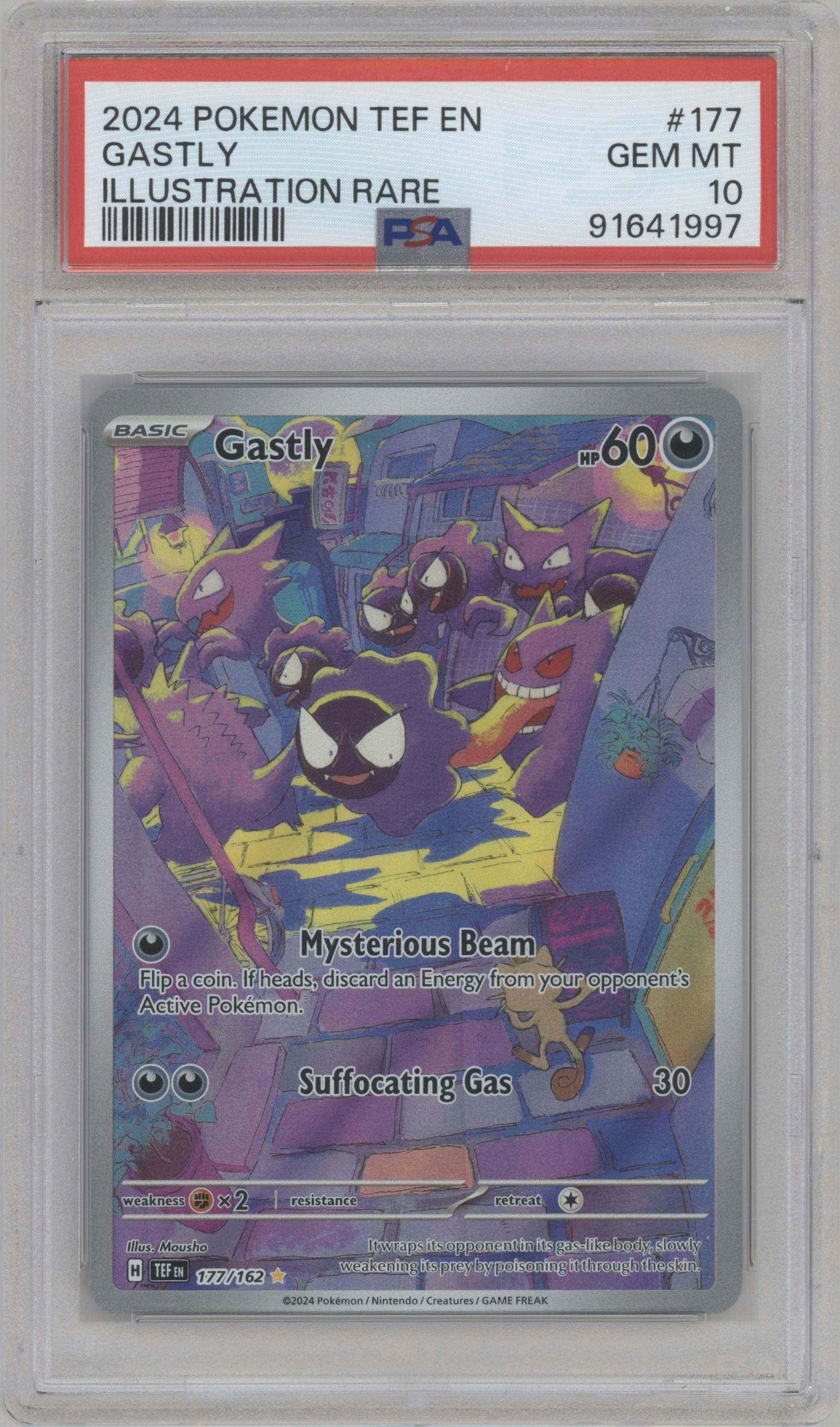 Gastly from the 2024 Pokemon SV set graded by PSA and given an overall grade of 10.