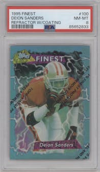 Deion Sanders from the 1995 Topps Finest set featuring a Refractor W/ Coating parallel graded by PSA and given an overall grade of 8.