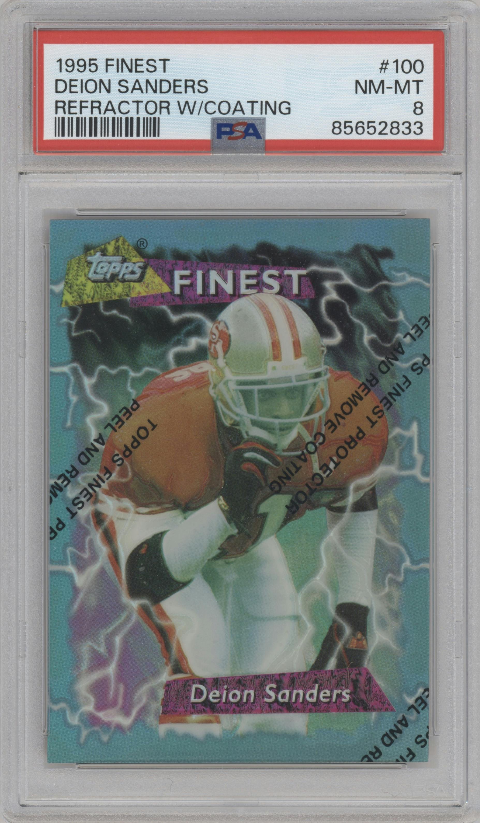 Deion Sanders from the 1995 Topps Finest set featuring a Refractor W/ Coating parallel graded by PSA and given an overall grade of 8.